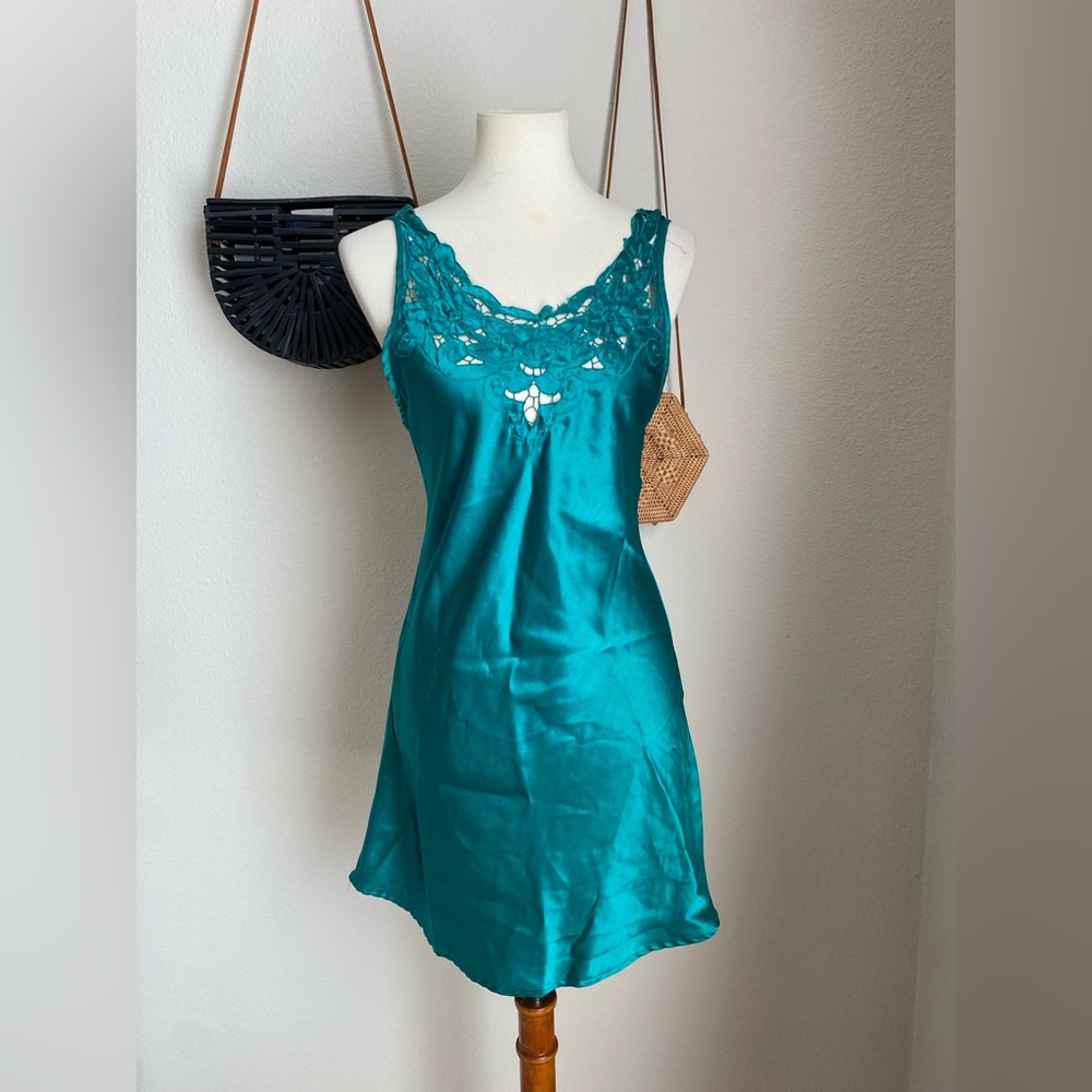 Allison Rhea Green Satin Lace Nightie, Size Small